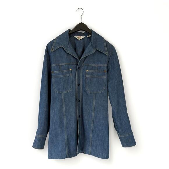 Vtg 70s Leisure Suit Jacket Shirt Denim Hippy Rockabilly Big Collar Western Med